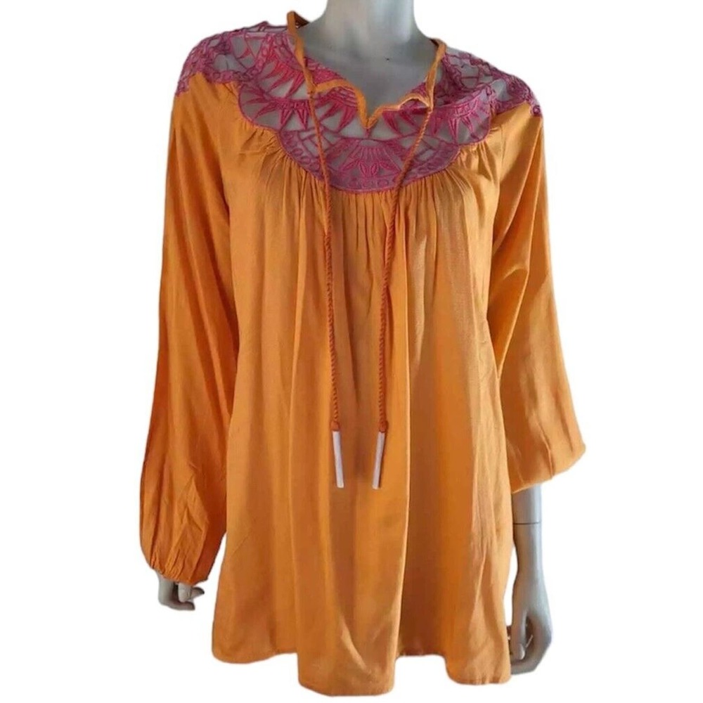 David Meister Womens Large Tunic Gauze Applique Tangerine Peony NEW